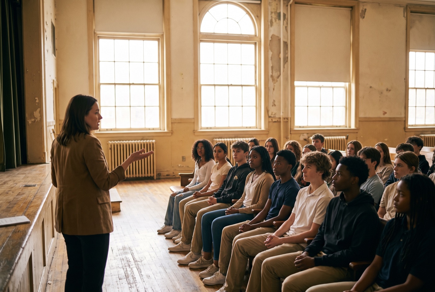 Speaking to learners at a school presentation