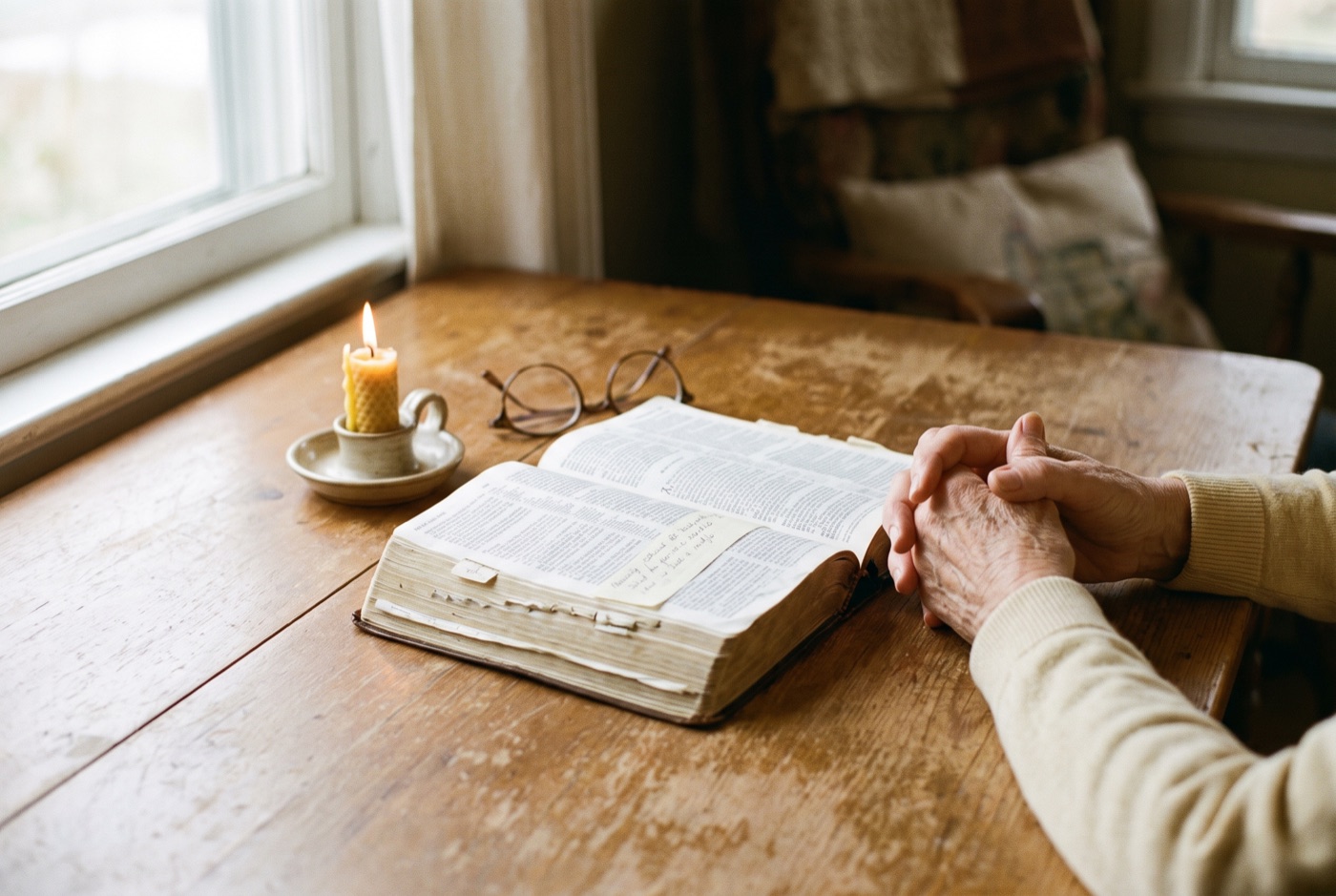 An open Bible and candle — Janine's personal testimony